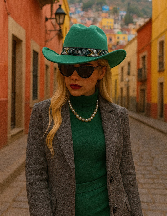 Texana de Autor en gamuza con banda artesanal, modelo MIDORI.