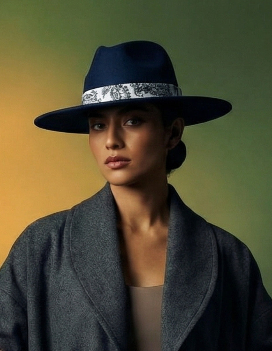 Sombrero de gamuza en color Azul Marino de Autor, modelo DANI.