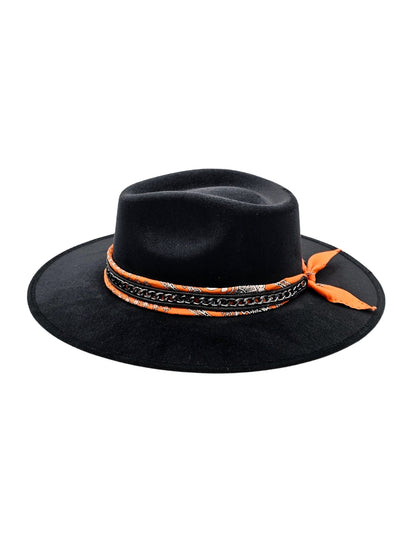 Sombrero en color negro con toquilla naranja personalizada, modelo JOHAN.