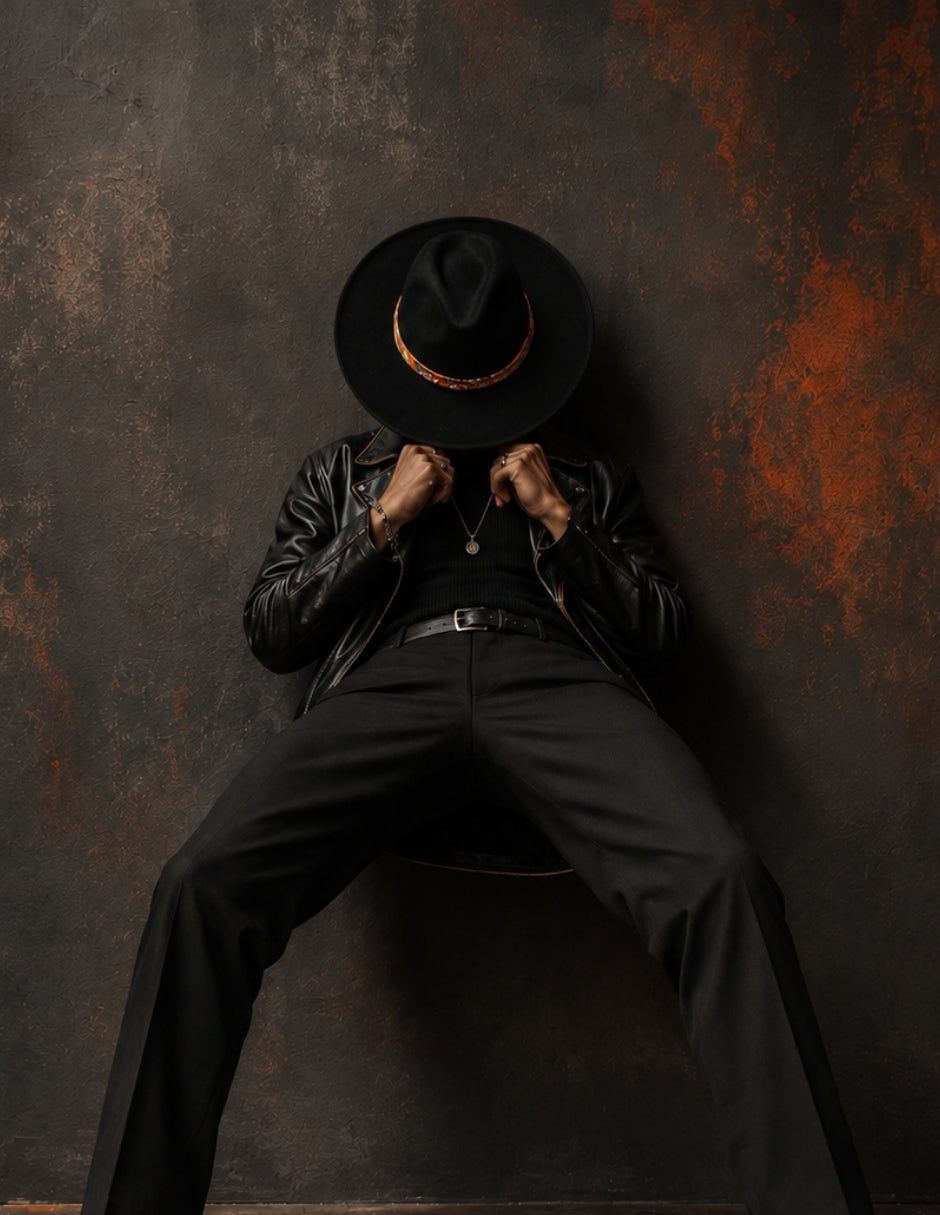 Sombrero en color negro con toquilla naranja personalizada, modelo JOHAN.