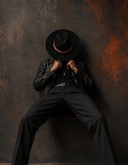 Sombrero en color negro con toquilla naranja personalizada, modelo JOHAN.
