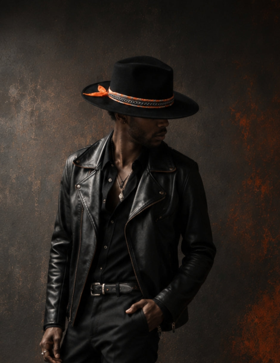Sombrero en color negro con toquilla naranja personalizada, modelo JOHAN.