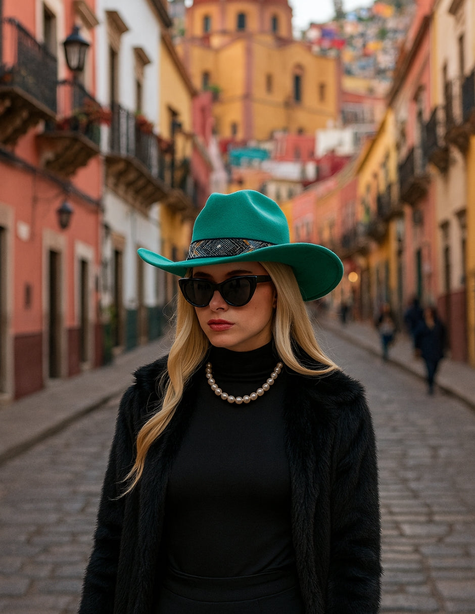 Texana de Autor en gamuza con banda artesanal, modelo MIDORI.