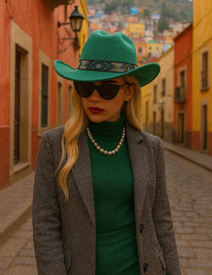 Texana de Autor en gamuza con banda artesanal, modelo MIDORI.