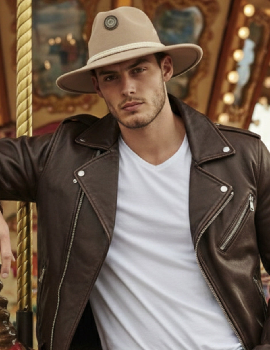Sombrero Beige de autor con Cordón y diseño Único, modelo NIC.