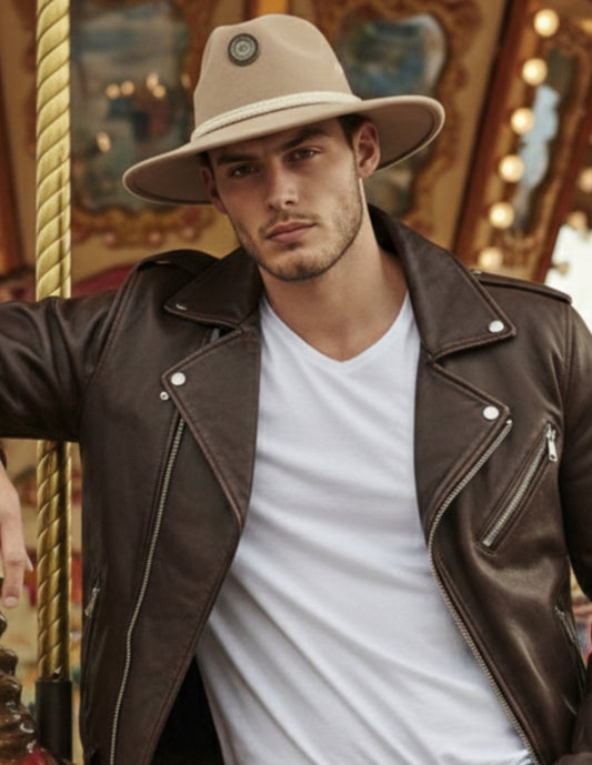 Sombrero Beige de autor con Cordón y diseño Único, modelo NIC.